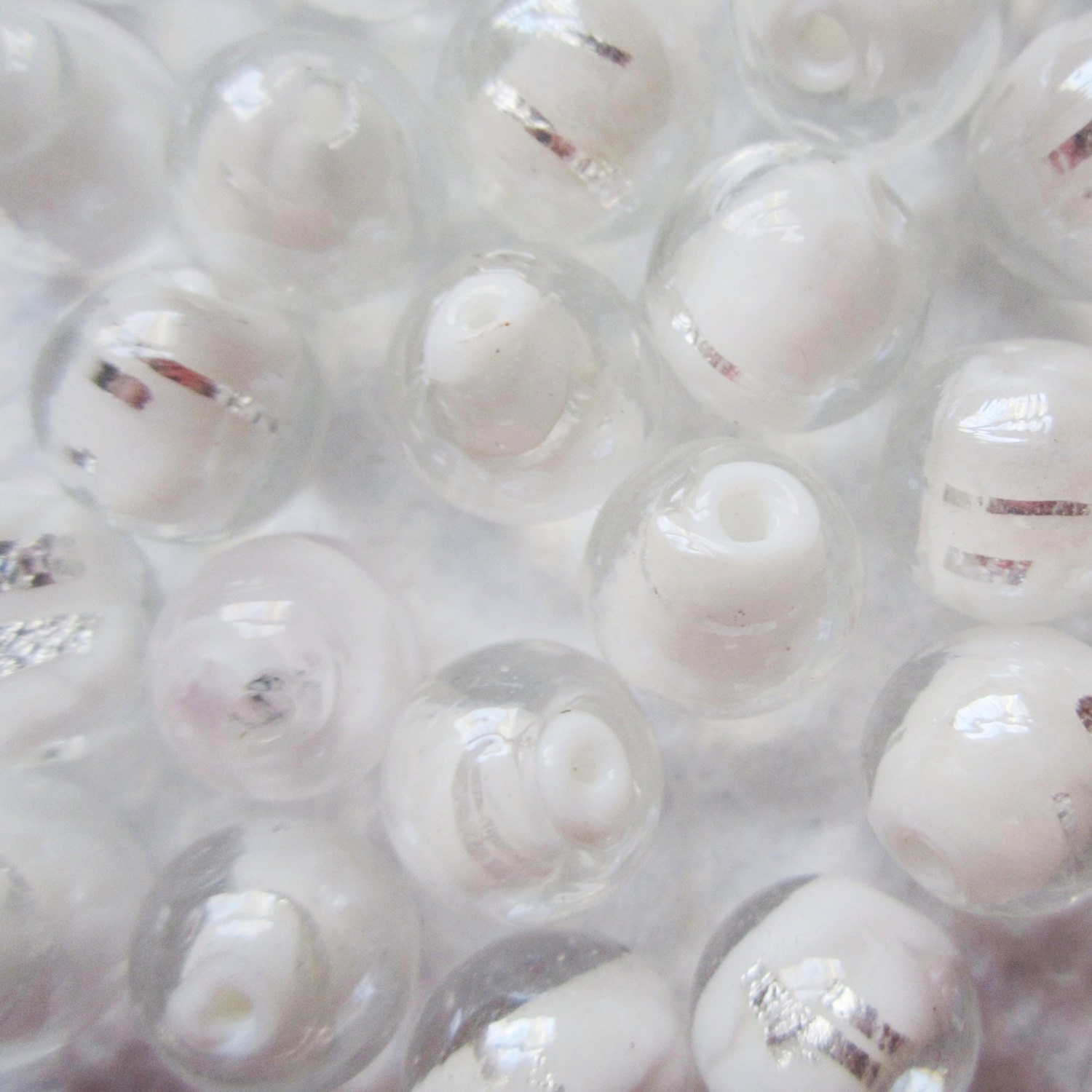 Clear and White Lampwork Beads with Foil Swirls, 10 mm round -- 26 beads