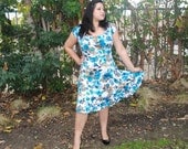 Womens Plus Size Dress, Blue & Brown Floral Design on White, Rockabilly, Pin Up, Retro style