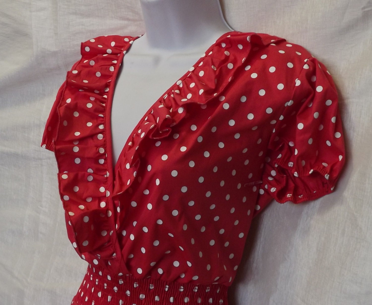 Womens, Ruffled V neck ,Plus Size Dress RED Polka Dot Rockabilly, Pin Up, Retro style
