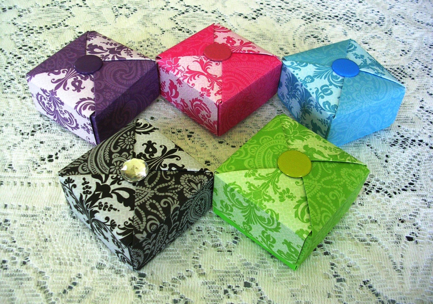 Handmade Origami  Boxes - Set of 5 - 3 Inch Damask and Paisley -  Custom Orders Welcome