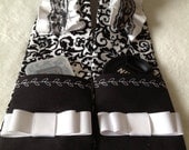 DSLR Camera Strap Cover Padded with 2 Pockets for Lens Cap and Memory Card or Extra Battery - Black White Filigree Ruffles & Lace