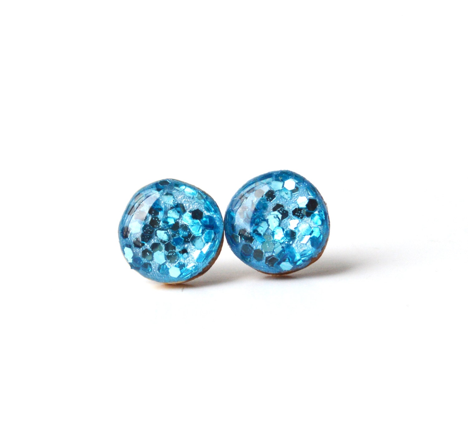 ocean blue glitter studs post earrings wood earrings minimalist jewelry eco fashion eco friendly unique gift for her