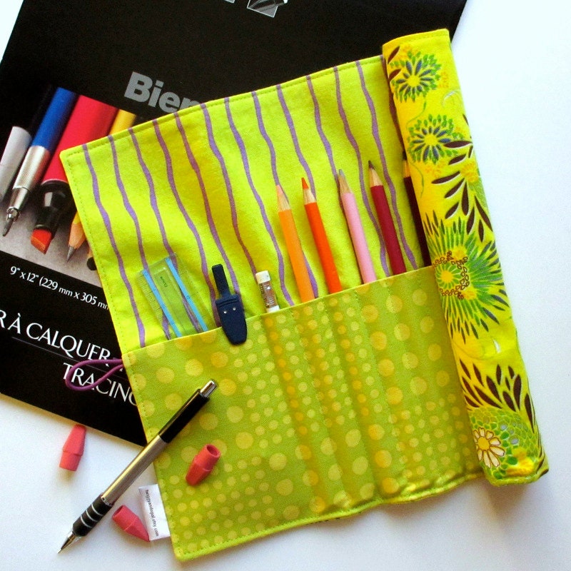 Pencil Roll-Up, Art Organizer Roll, Yellow Floral, Pencil Holder