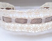 Wide Crochet Headband, Stretchy Headband, Cream Brown Headband