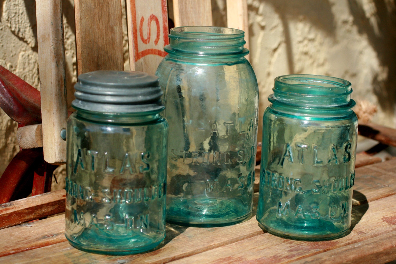 Set of 3 Vintage Blue Atlas Jars,  Mason Jars.