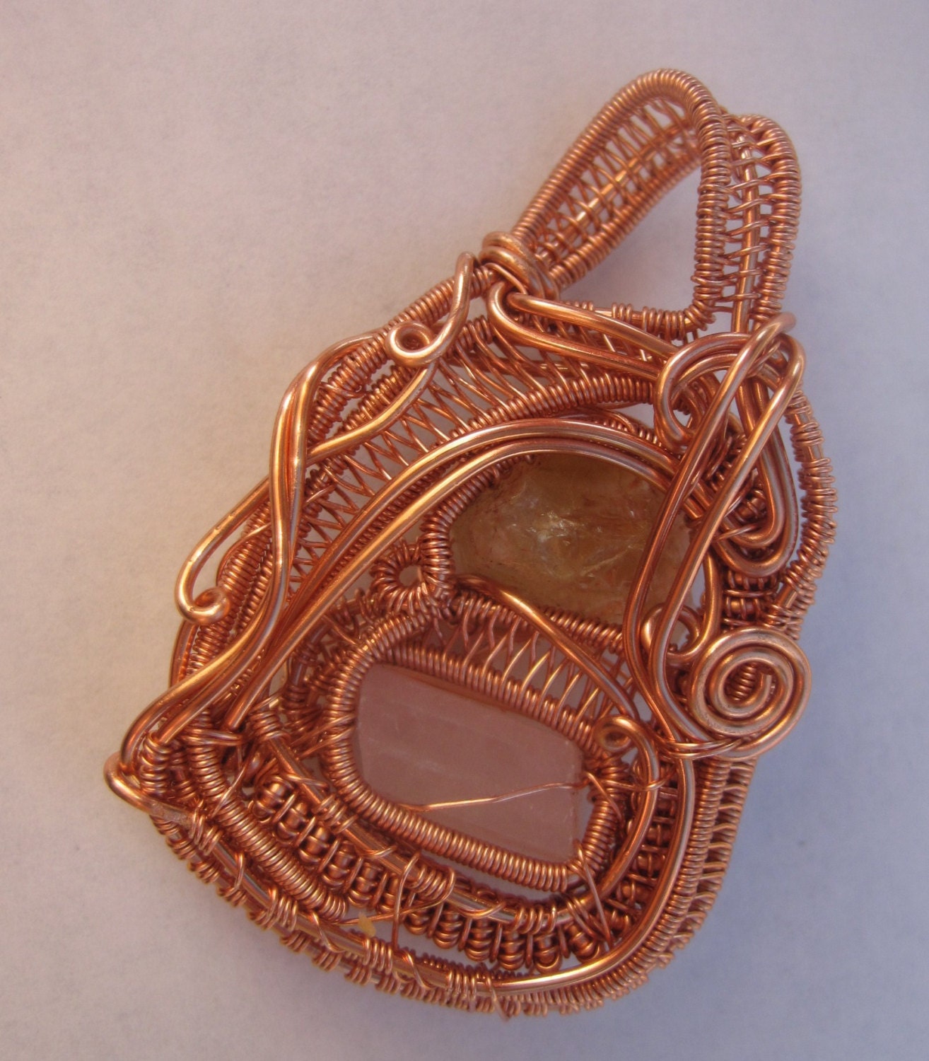 Citrine and Pink Tourmaline Pendant / "Cosmic Connector" / Copper / Wire Wrapped Pendant / Art Jewelry / Crystal Necklace / Golden