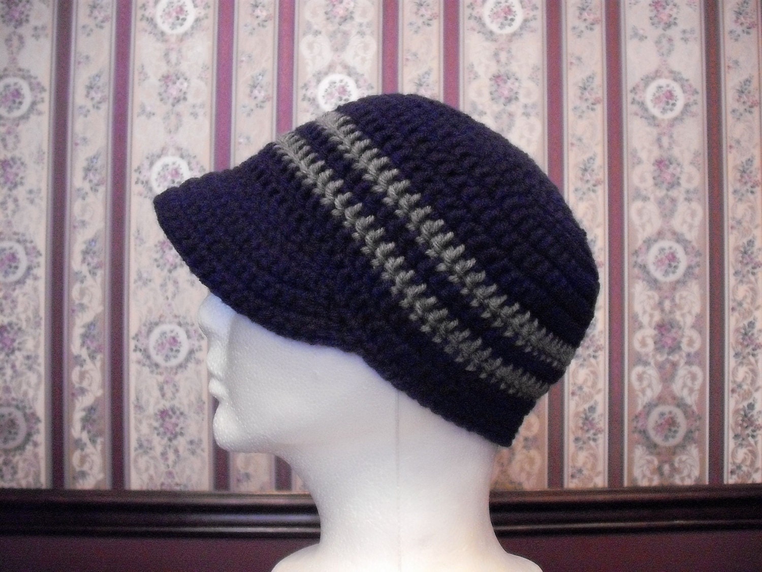 Teen Adult Size Hat, Navy Blue and Gray Hat with Brim, Baseball Cap, Ladies Winter Beanie Hat, Womens Hat, Mens Hat, Hipster Hat, Visor Hat