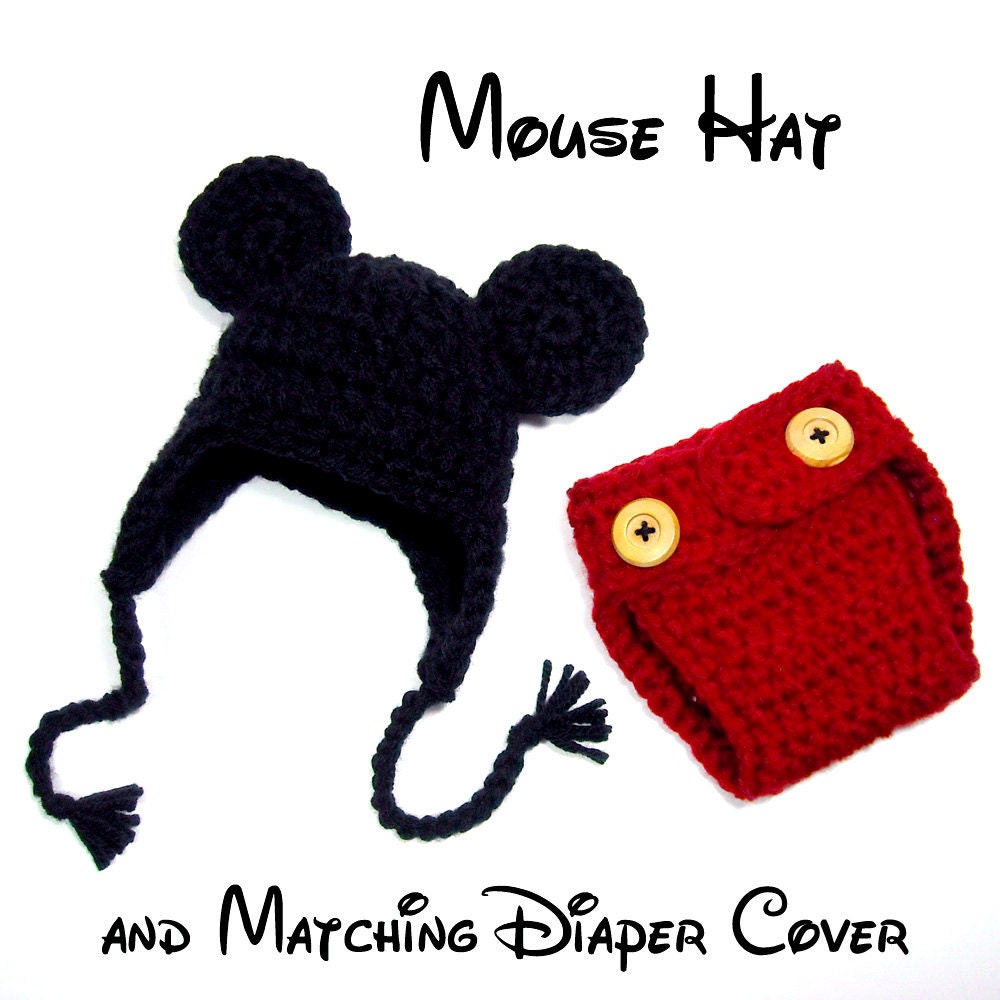 Mickey Mouse Inspired Baby Hat and Matching Diaper Cover