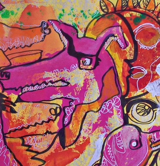 Pink orange dogs birds abstract original art  home decor children room 19x25 mixed media on paper Valentine gift layaway