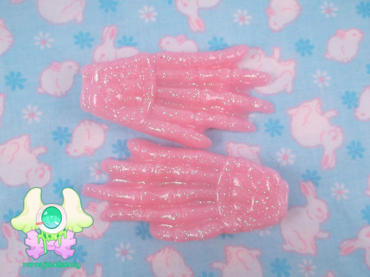 Creepy Cute Skeleton Hand Hair Clips - Pastel Pink with Glitter