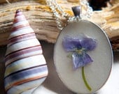 pressed flower necklace blue pansy real botanical Pendant Jewelry with Handmade Paper nautical sea