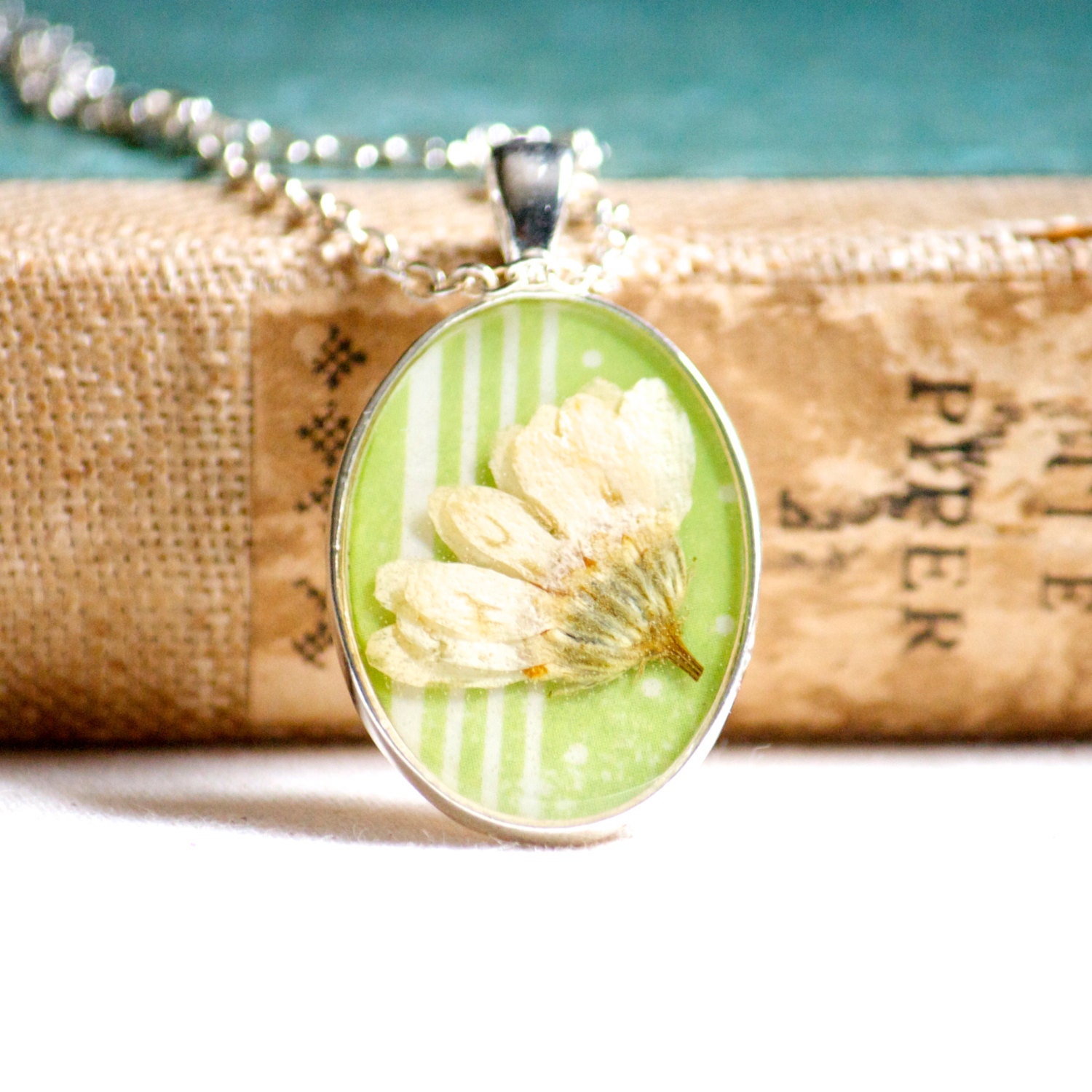 pressed flower necklace real floral yellow daisy green polkadot jewelry pendant handmade botanical easter egg pastel