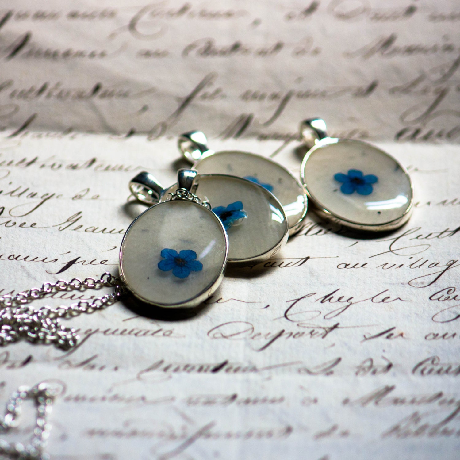 bridesmaid necklace set pressed flower handmade blue forget me not jewelry collection pendants bridal wedding