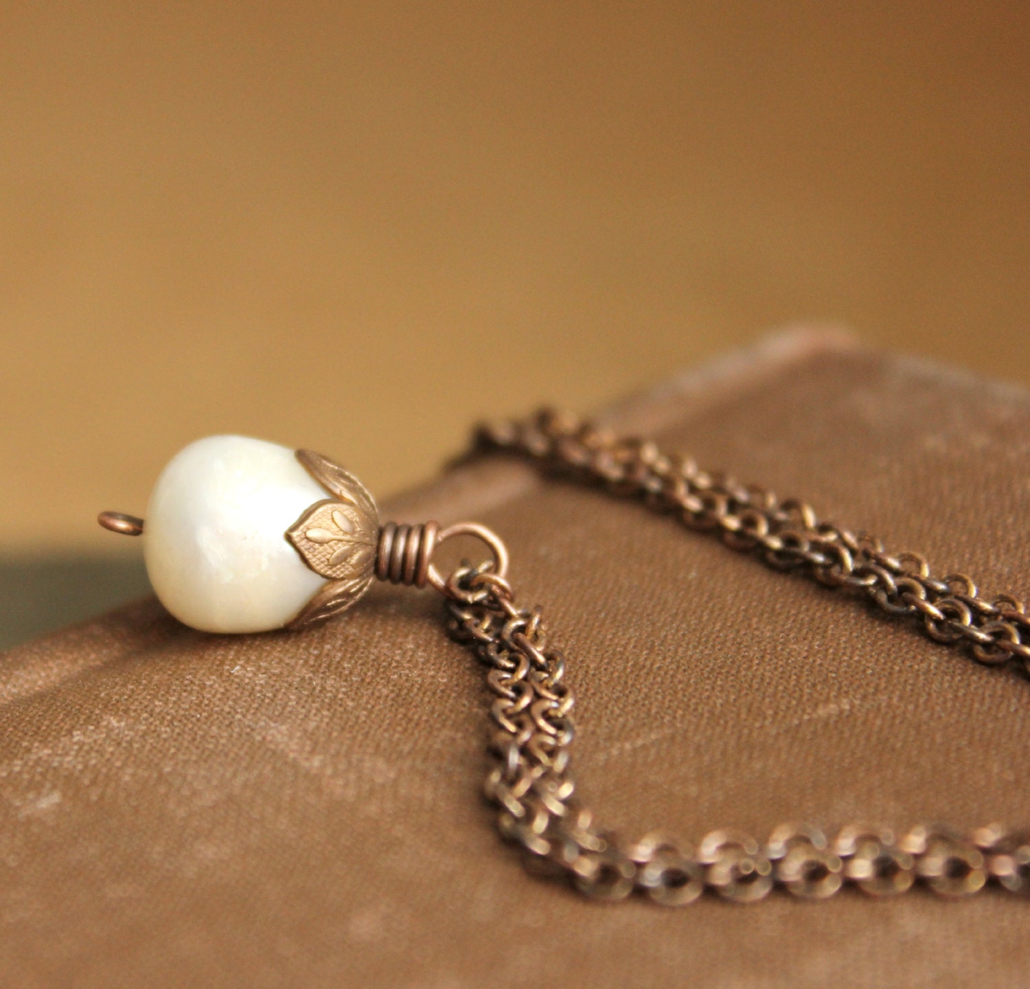Vintage inspired ivory fresh water pearl pendant antique brass chain bronze copper--"Woodland"
