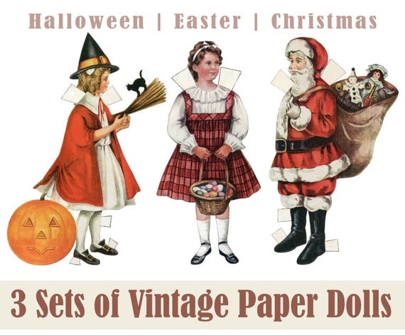 3 for 2 Paper Dolls: Vintage Christmas Halloween & Easter Printable Digital Download