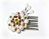 Spring White Wedding Hair Comb, White Milk Glass, Citrine Rhinestones, Upcycled Vintage, Prom Hair Jewelry