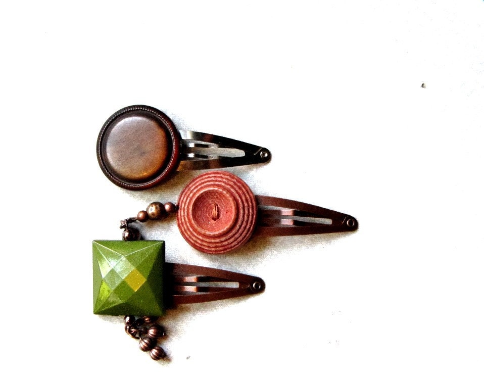 Brown Button Snap Hair Clips, Olive Green and Copper, Rustic, Hair Clip Set, Hair Accessories, Boho