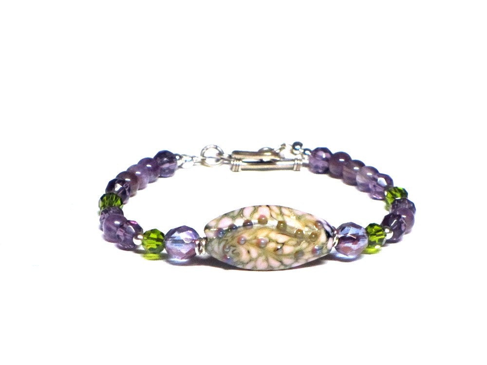 Lavender and Green Glass Bracelet, Amethyst, Czech Glass and Crystal, Spring Bracelet, Easter Gift