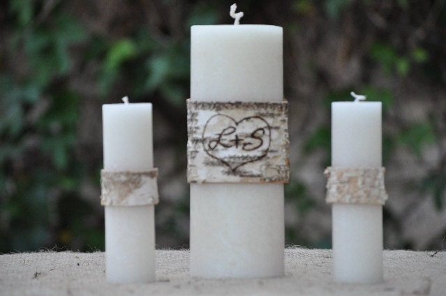 Personalized Birch Bark Unity Candle Set Rustic / Shabby Chic Wedding