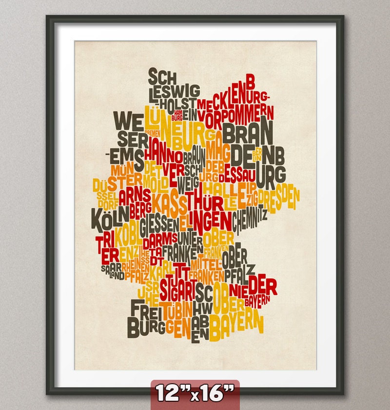 Typography Text Map of Germany Map, Art Print 12x16 inch (275)