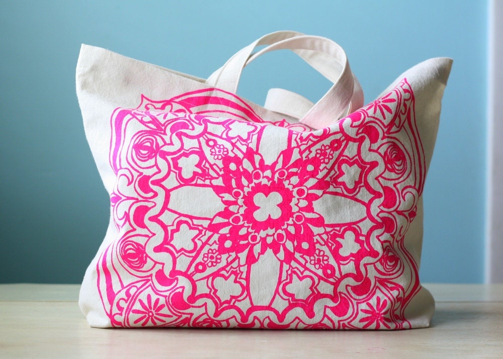 Screenprint Tote Bag Fluorescent Neon Pink Magenta Moroccan Cotton Twill Shopping Grocery Eco-Friendly Reusable Hand-Printed