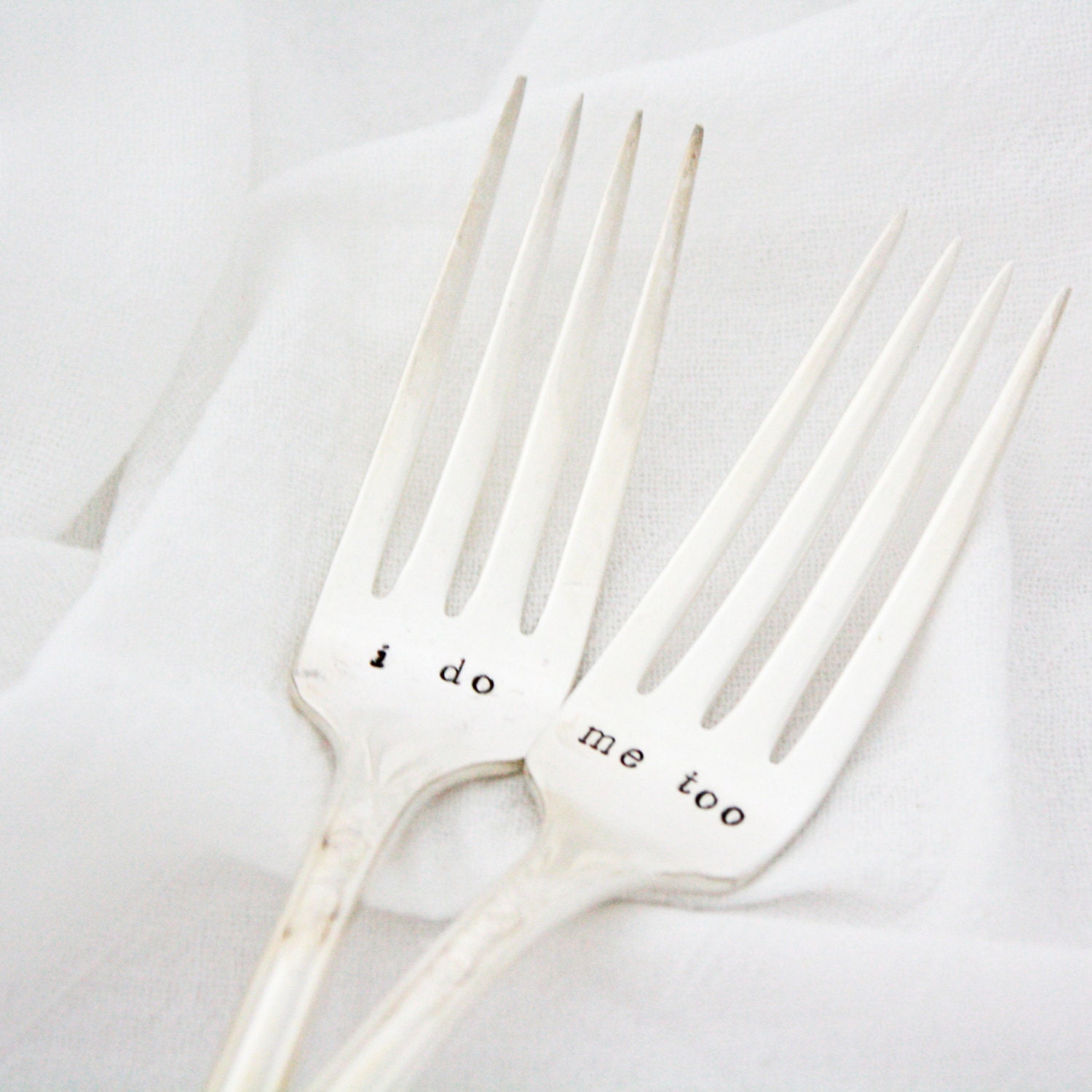 As Seen In Irish Brides Magazine, I do, Me Too wedding forks, dessert forks hand stamped table setting- wedding gift, engagement gift.
