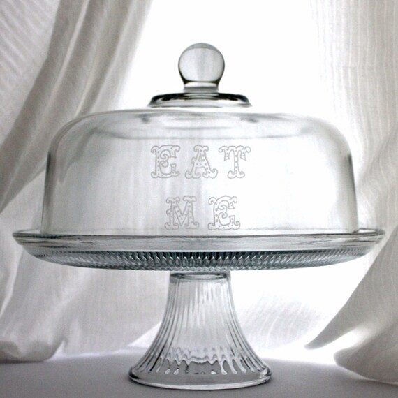 Items similar to Eat Me cake stand from Alice in Wonderland, Etched