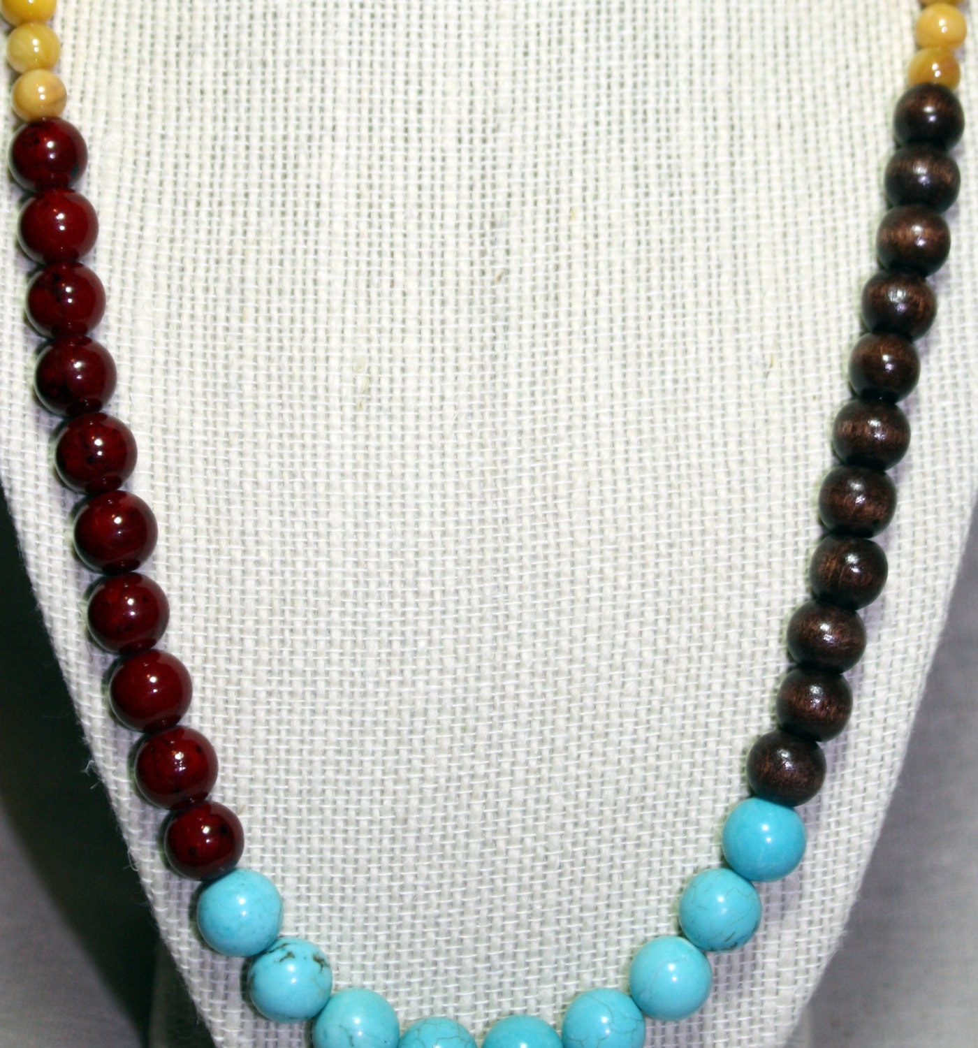 Colorblock Necklace, Turquoise,Red, Chocolate Brown, Yellow Beaded Necklace- Statement Necklace - Limited Edition, Unique Gift