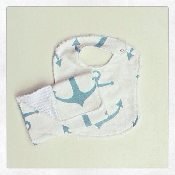 ON SALE Little Anchor Baby Bib and Burp Set in Teal Blue // Baby Shower Gift Set // Baby Bib Set