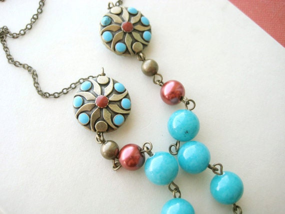 Long Turquoise Necklace - tribal, beaded, bohemian, stone, red, statement