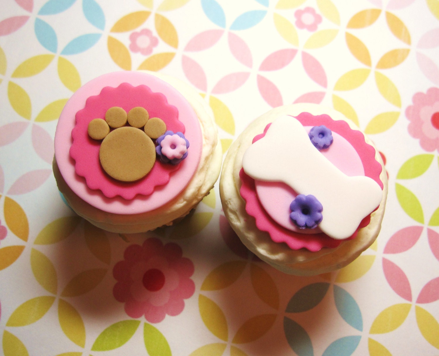 Dog themed Fondnat Cupcake toppers bone paw flower pink