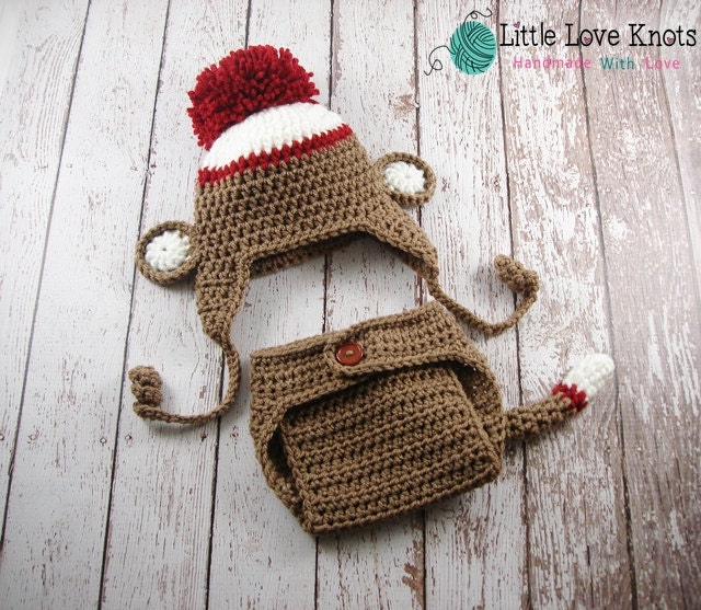 Simple Sock Monkey Baby Diaper Cover and Hat Crochet Set Shower Gift Photography Prop