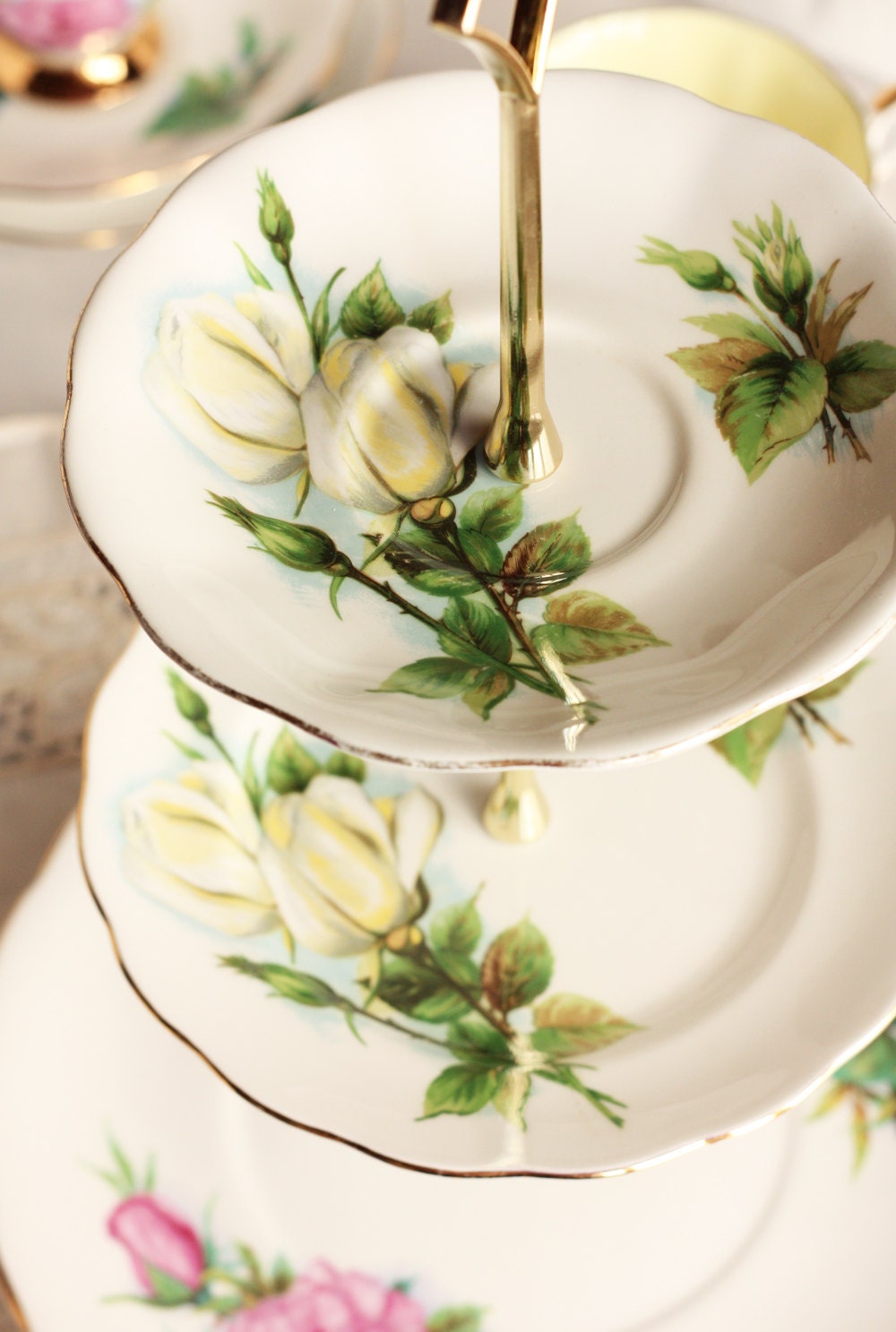 Exquisite 3 tier cake stand / cupcake display: tea party centerpiece made from the Royal Standard Harry Wheatcroft famous roses series
