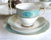 Bone china tea set: vibrant teal blue and gold Salisbury tea cup, saucer and plate, a lovely set for a perfect tea party