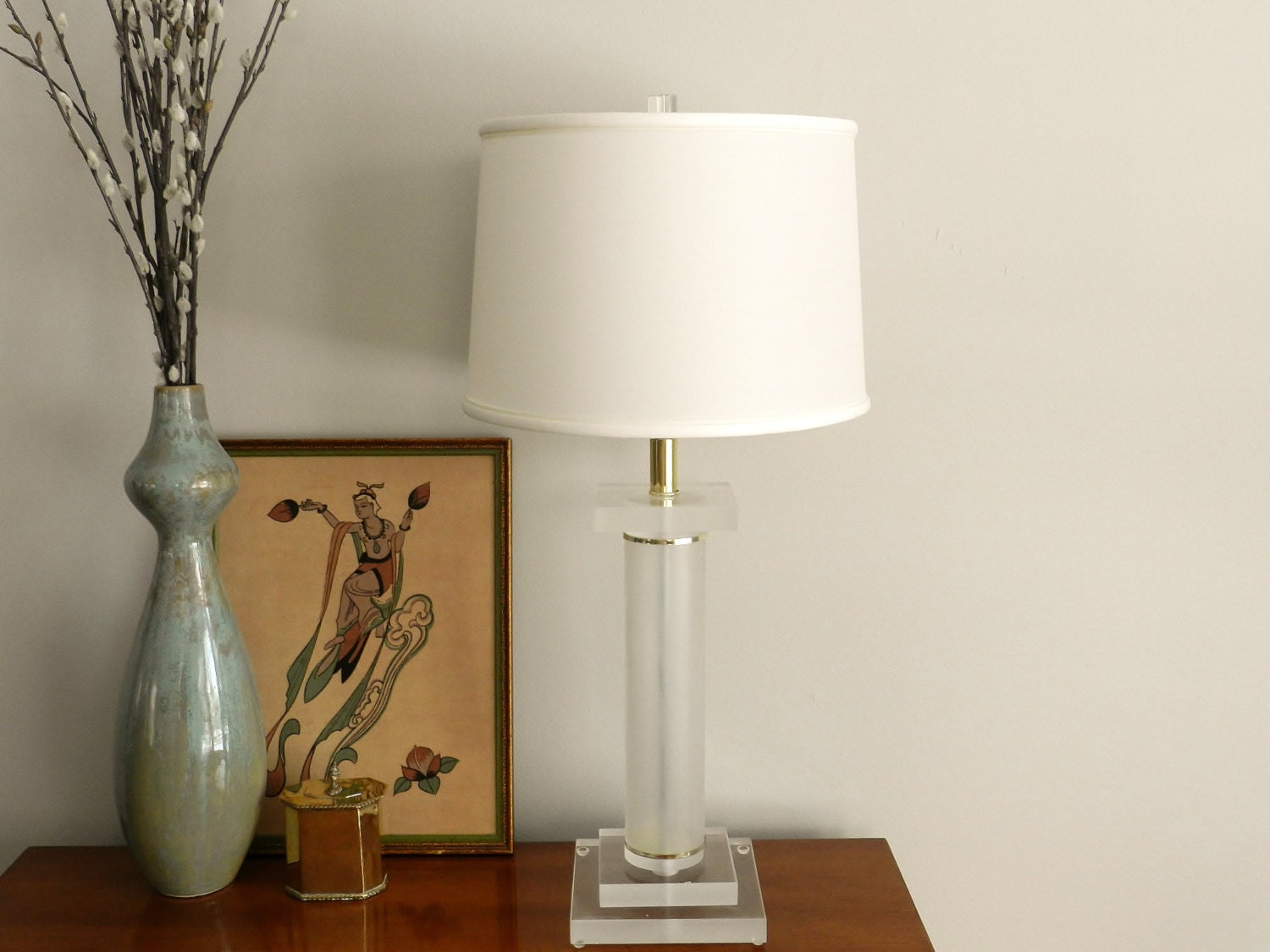 Vintage Lucite Lamp Mid Century Mod Table Lamp Clear Frosted Lucite Regency Decor