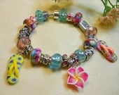 Hawaiian Style Bracelet, Multi Color Bracelet, Beaded Plumeria Bracelet, Flip Flop European Style Bracelet