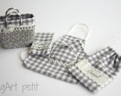 Lovely Set of Shopping basket, apron, oven mitt and towel kitchen for your dollhouse (Grey squares)