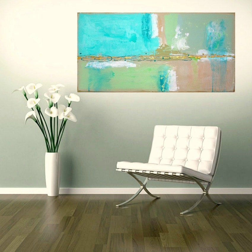 Art Abstract Acrylic Painting Aqua and Taupe Fine Art Titled: BEACH GLASS 10 24x48x1.5" by Ora Birenbaum