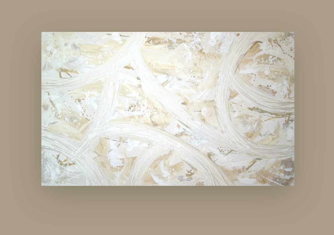 Abstract Acrylic Painting Fine Art on Gallery Canvas Huge in Size Titled: White Sand 36x60x2" by Ora Birenbaum