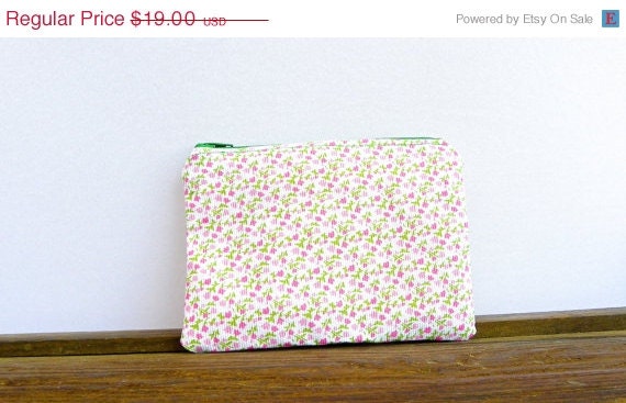 25 SALE Small Cosmetic Pouch with flowers, pink and green Make Up Pouch for Women, Make Up Bag, Cosmetic Purse, Mothers Day Gift Idea