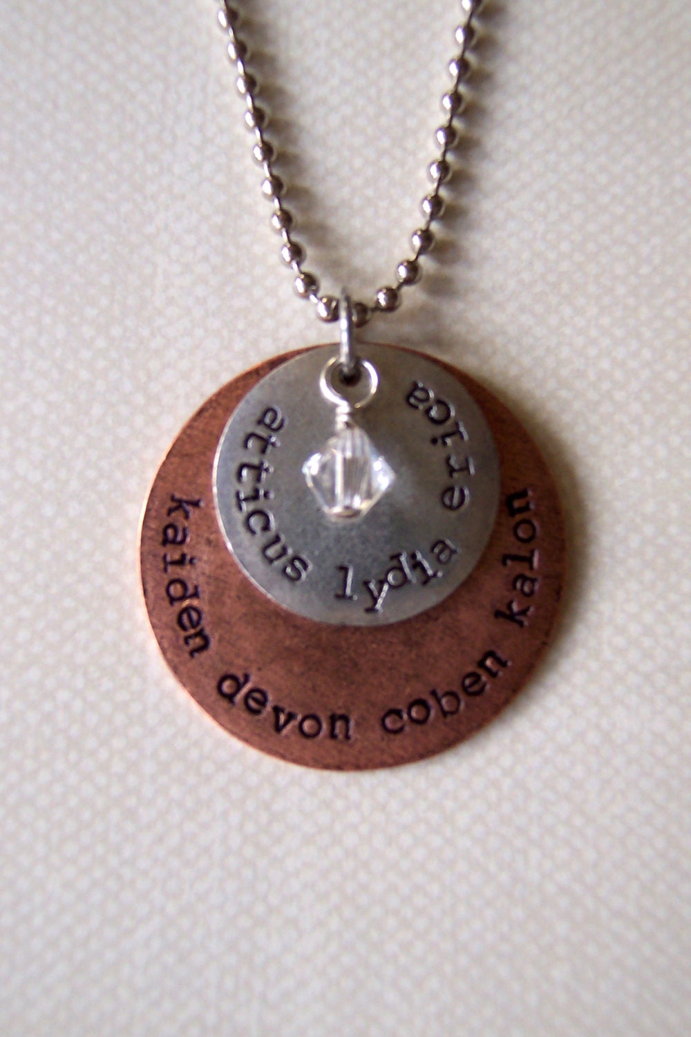 Layered mixed metal hand stamped necklace with names or words and birthstone or pearl