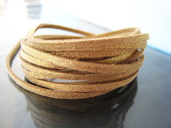 3 Yards of 3mm Gold Flat Suede Lace with Gold Metallic Dust