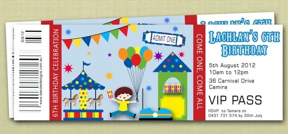 Ticket Style Circus Carnival Birthday Invitations - You Print Il_570xn