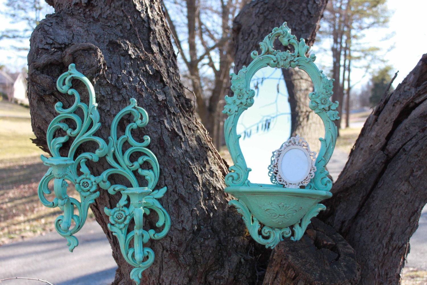Gorgeous Vintage Mint Green Ornate Mirror Shelf and Sconce Set - Ornate small Frame - Oval mirror -  Antique Glaze - Heirloom White