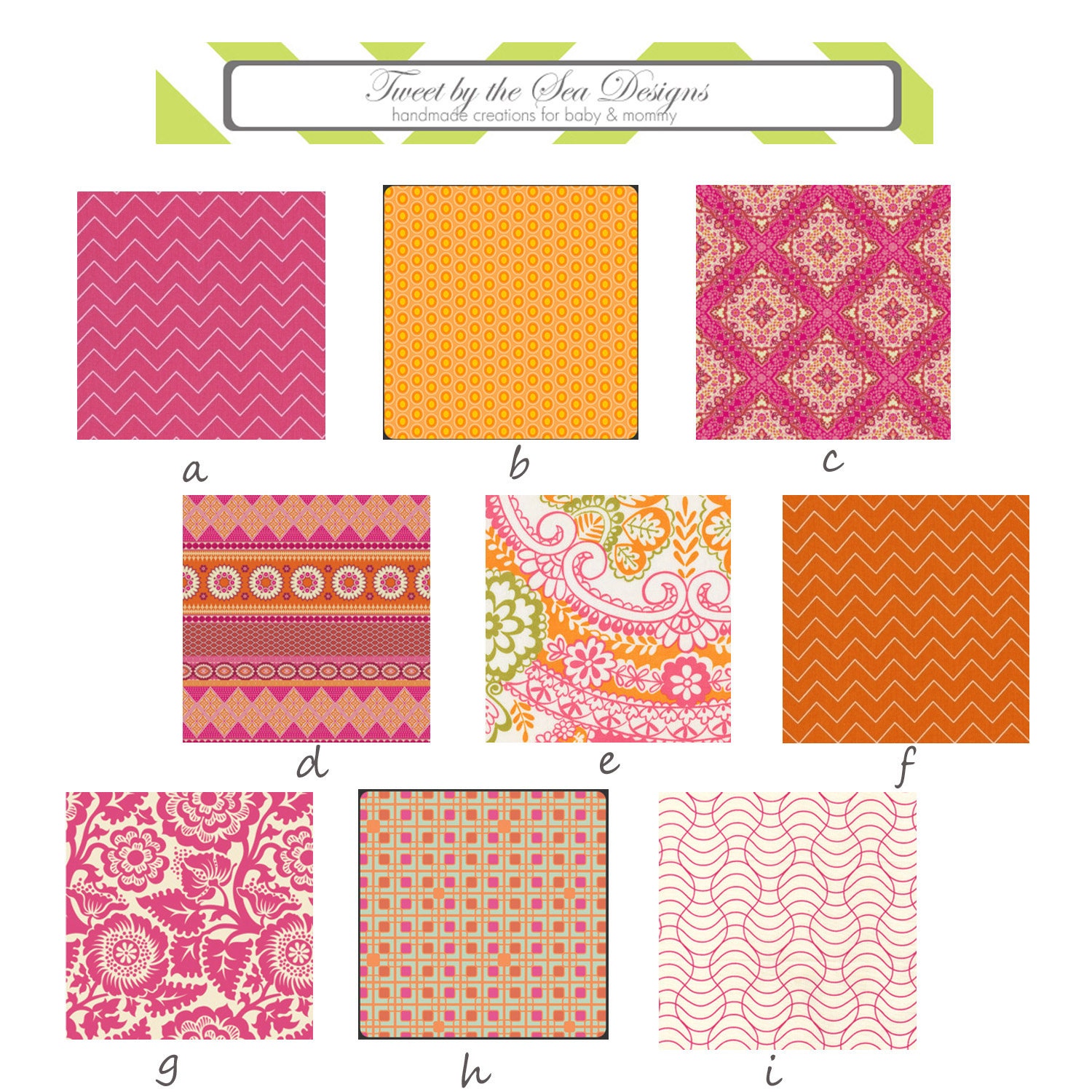 Custom 3 piece Nursery Set--Crib Sheet, Crib Skirt, and Changing Pad Cover (Orange and Pink Color Combination, Various Designers)