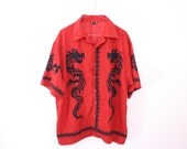 90s Mens Vintage BALINESE / ASIAN TATTOO Dragon Printed Collared Shirt