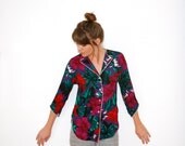 Vtg 70s Tropical Blouse w/ Tails Unique Floral  Shirt