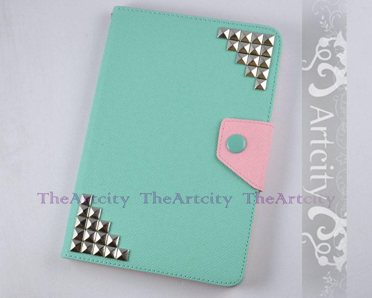Mint Green Leather iPad Mini Case, case for iPad Mini with Silver Pyramid Studs