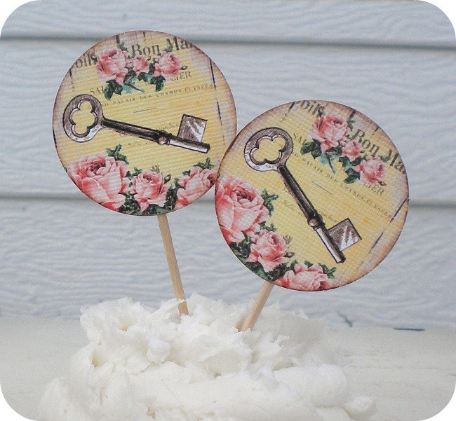 NEW - Skeleton Key with Pink Roses Cupcake Toppers - Set of 10 - Shabby Chic Wedding/Bridal/Shower