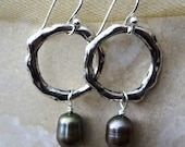 Rustic Silver Circle and Freshwater Pearl Earrings